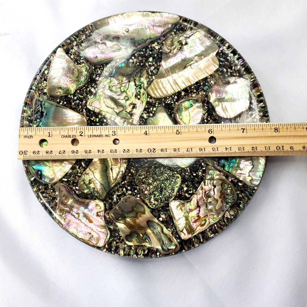 VTG Abalone Shell Round Trivet Black Base 8-Inch Handcrafted Betty's Shells - Picture 5 of 13
